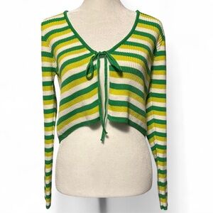 Primark Green and Yellow Knit Cropped Tie Front Cardigan Small